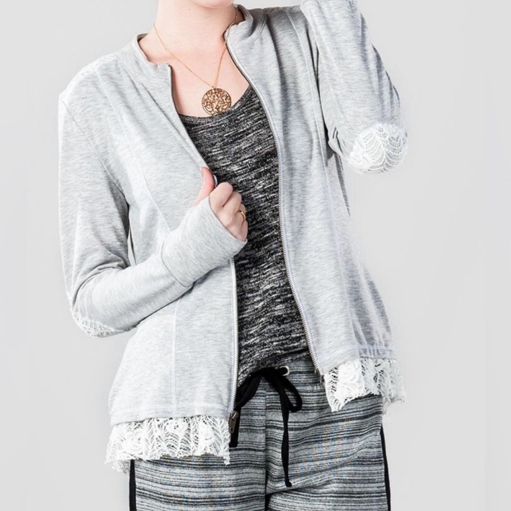 Francesca's Collections Gray Jacket With Lace - Picture 2 of 6